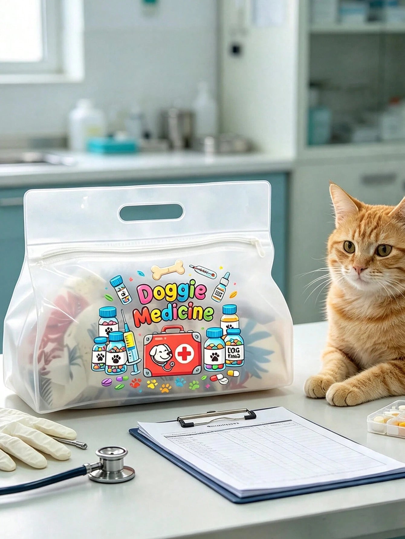 Transparent Dog Medicine Storage Bag, Pet Medication Tote Bag With Colorful Dog Paw, Bone, Pill Bottle And Medical Tool Kit Print, Portable Pet PVC Storage Bag, Multi-Functional Pet Daycare Bag, Easy