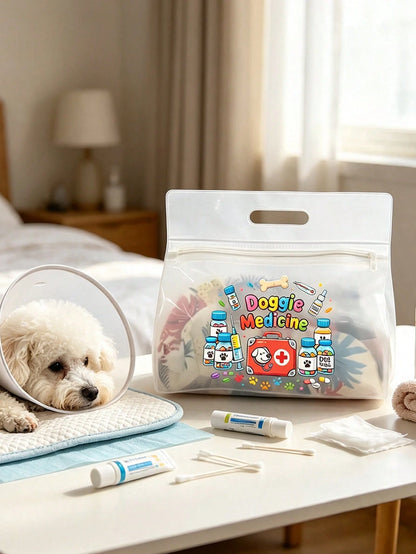 Transparent Dog Medicine Storage Bag, Pet Medication Tote Bag With Colorful Dog Paw, Bone, Pill Bottle And Medical Tool Kit Print, Portable Pet PVC Storage Bag, Multi-Functional Pet Daycare Bag, Easy