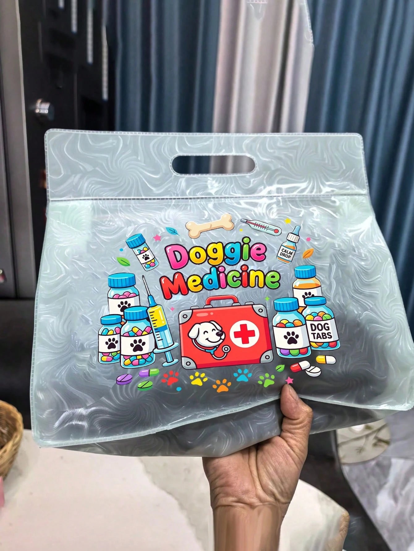 Transparent Dog Medicine Storage Bag, Pet Medication Tote Bag With Colorful Dog Paw, Bone, Pill Bottle And Medical Tool Kit Print, Portable Pet PVC Storage Bag, Multi-Functional Pet Daycare Bag, Easy