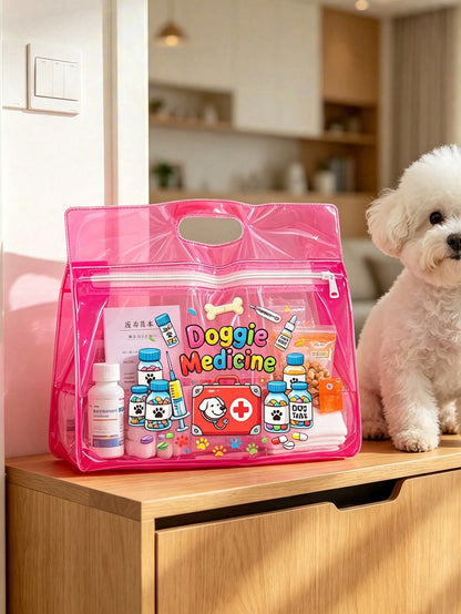Transparent Dog Medicine Storage Bag, Pet Medication Tote Bag With Colorful Dog Paw, Bone, Pill Bottle And Medical Tool Kit Print, Portable Pet PVC Storage Bag, Multi-Functional Pet Daycare Bag, Easy