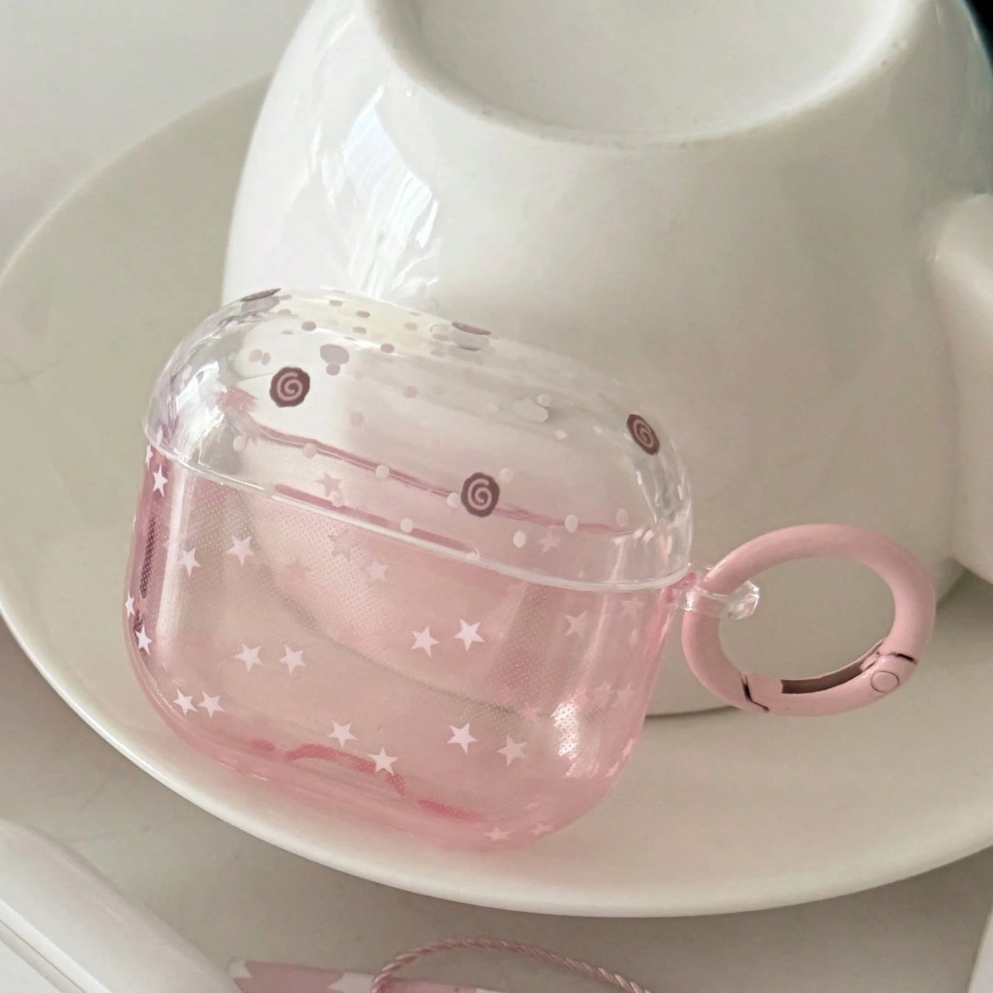 Transparent Pink Striped Star With Hanging Ring Earphone Case Compatible With Apple AirPodsPro3 Case/AirPodsPro2 Case/AirPodsPro Case/AirPods4 Case/AirPods3 Case/AirPods2 Case/Fashion Women Earphone C