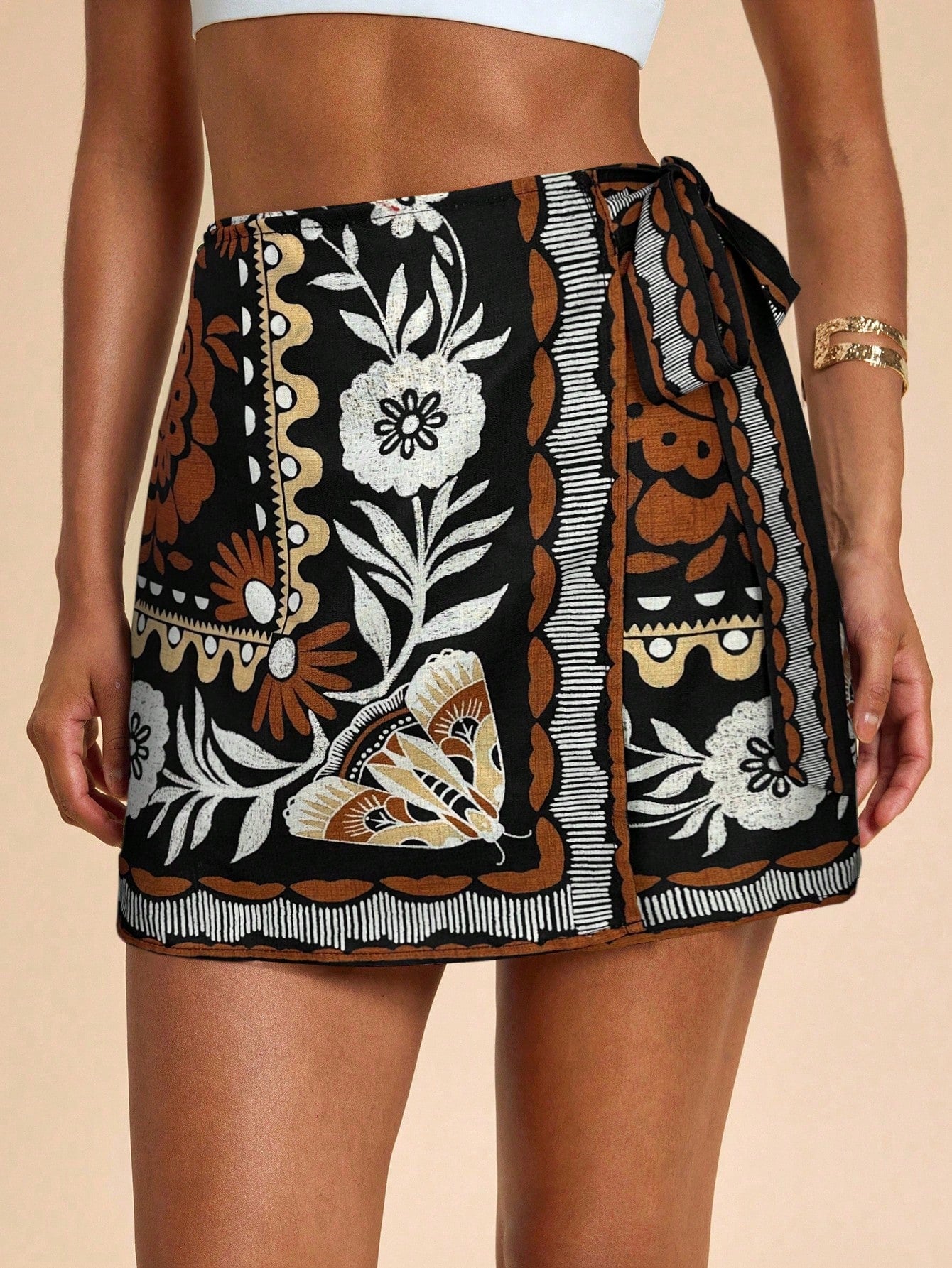 Travachic Women's Black Floral Wrap Around Sarong Skirt,Summer Boho Vacation Holiday Short Embroidered Tie Skirts,Elegant Beach Party Flower Girl Costume