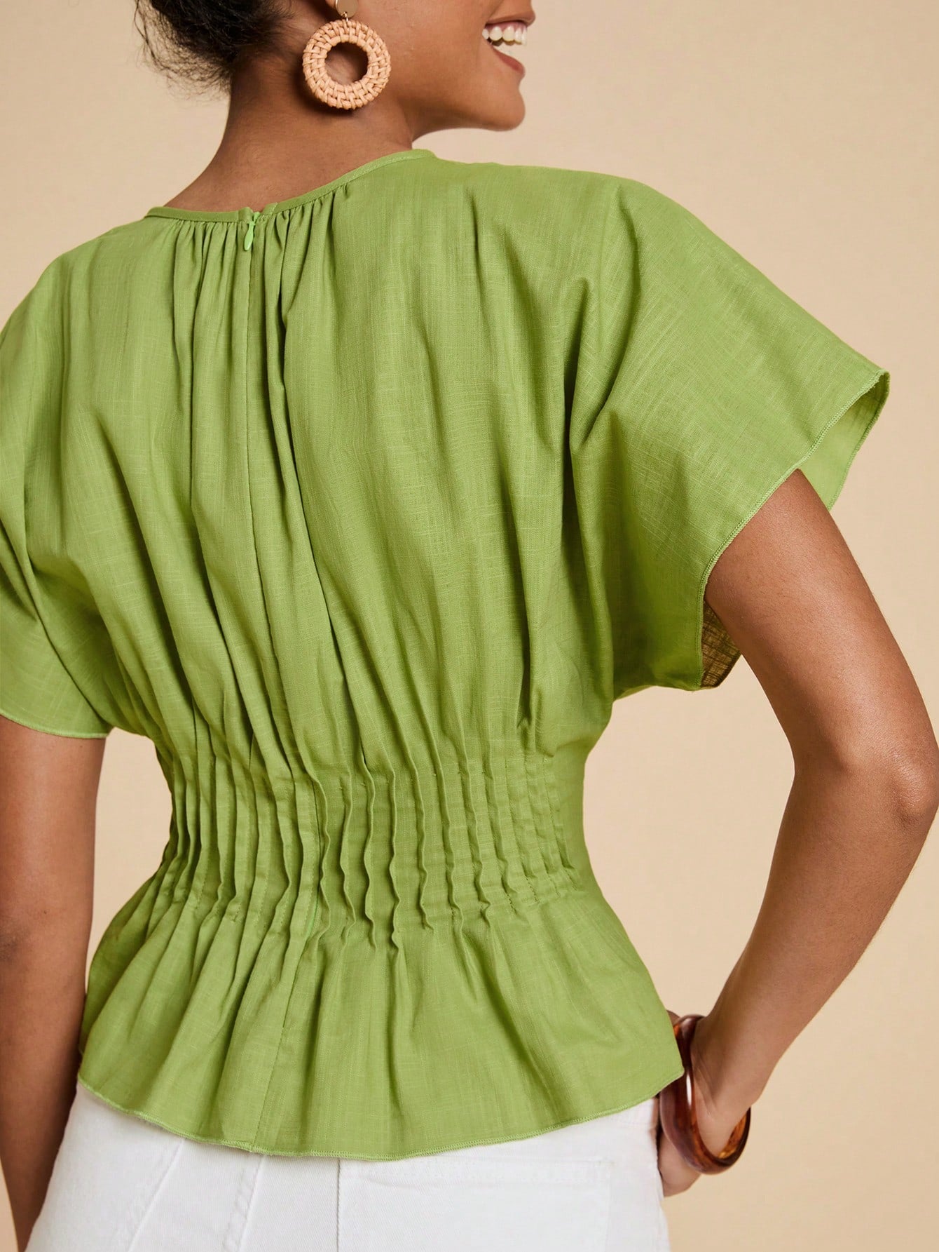 Travachic Women's Solid Color Pleated Design Round Neck Elegant Boho Vacation Blouse, Summer Top French Style For Classy Women's Tops And Blouses Olive Green
