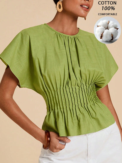 Travachic Women's Solid Color Pleated Design Round Neck Elegant Boho Vacation Blouse, Summer Top French Style For Classy Women's Tops And Blouses Olive Green