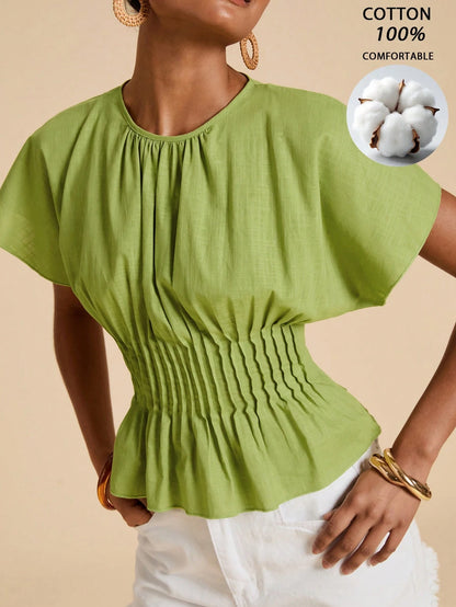 Travachic Women's Solid Color Pleated Design Round Neck Elegant Boho Vacation Blouse, Summer Top French Style For Classy Women's Tops And Blouses Olive Green