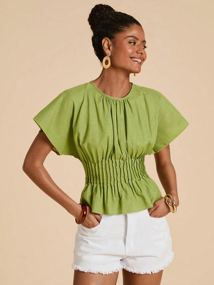 Travachic Women's Solid Color Pleated Design Round Neck Elegant Boho Vacation Blouse, Summer Top French Style For Classy Women's Tops And Blouses Olive Green