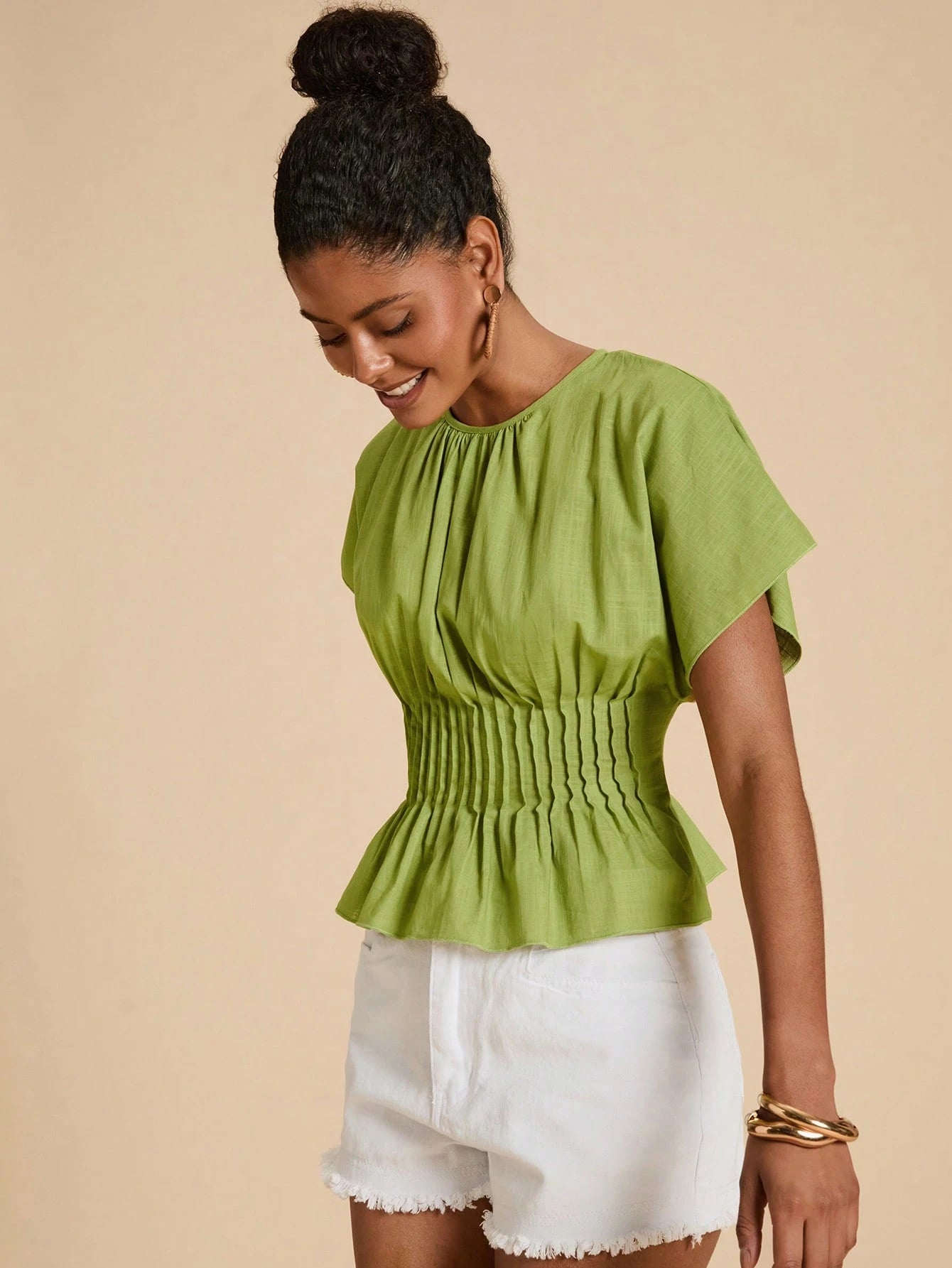 Travachic Women's Solid Color Pleated Design Round Neck Elegant Boho Vacation Blouse, Summer Top French Style For Classy Women's Tops And Blouses Olive Green