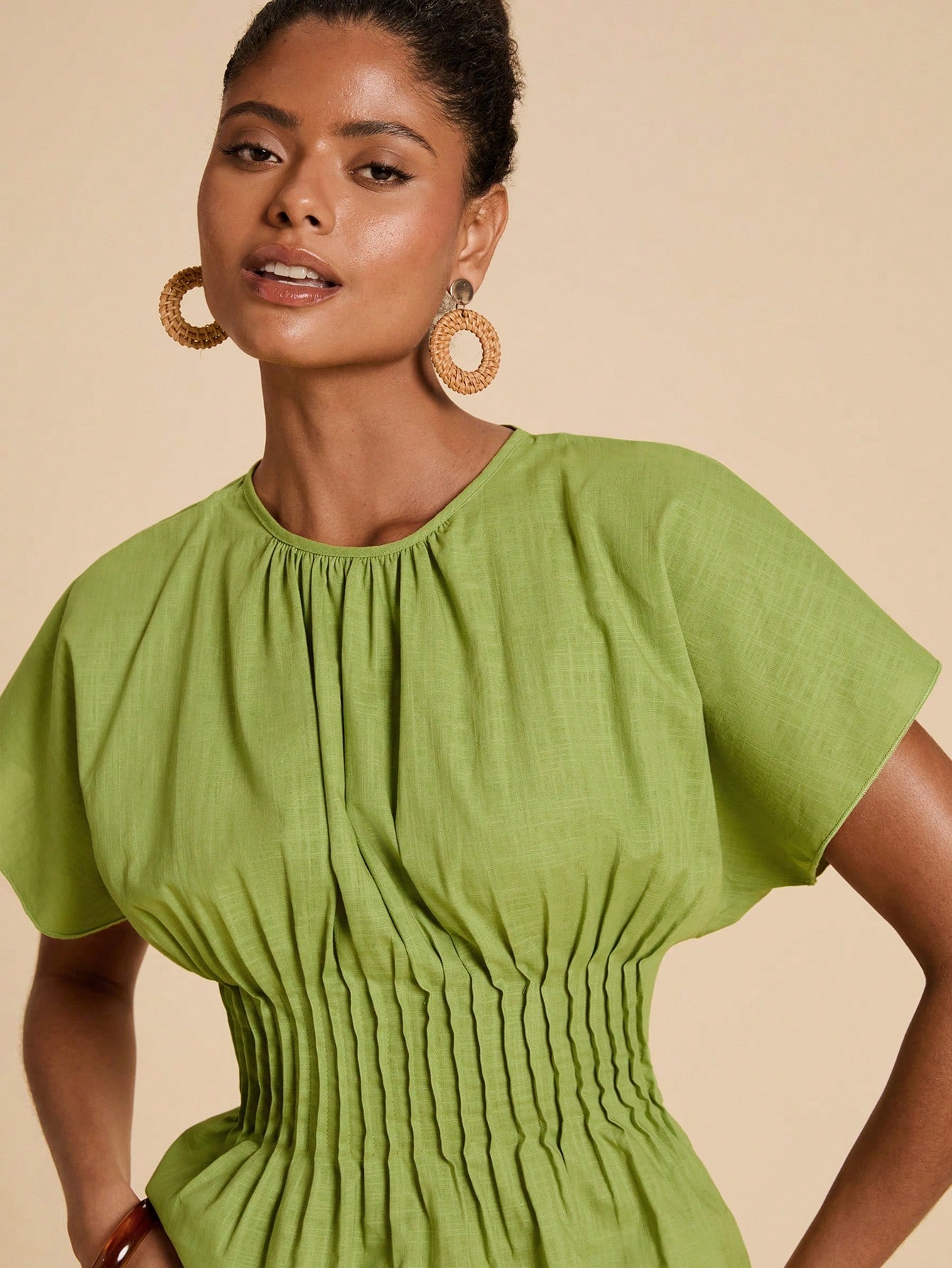 Travachic Women's Solid Color Pleated Design Round Neck Elegant Boho Vacation Blouse, Summer Top French Style For Classy Women's Tops And Blouses Olive Green
