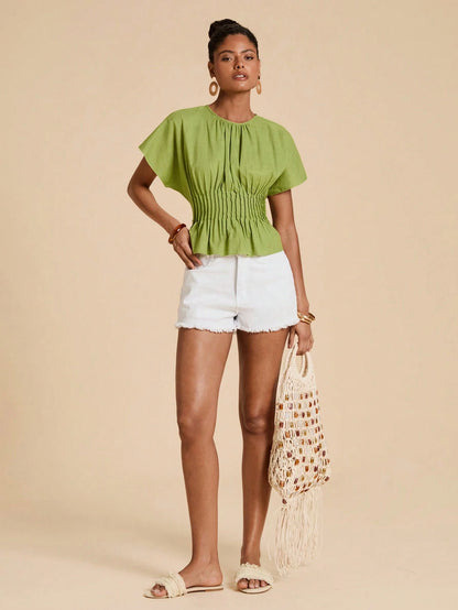Travachic Women's Solid Color Pleated Design Round Neck Elegant Boho Vacation Blouse, Summer Top French Style For Classy Women's Tops And Blouses Olive Green