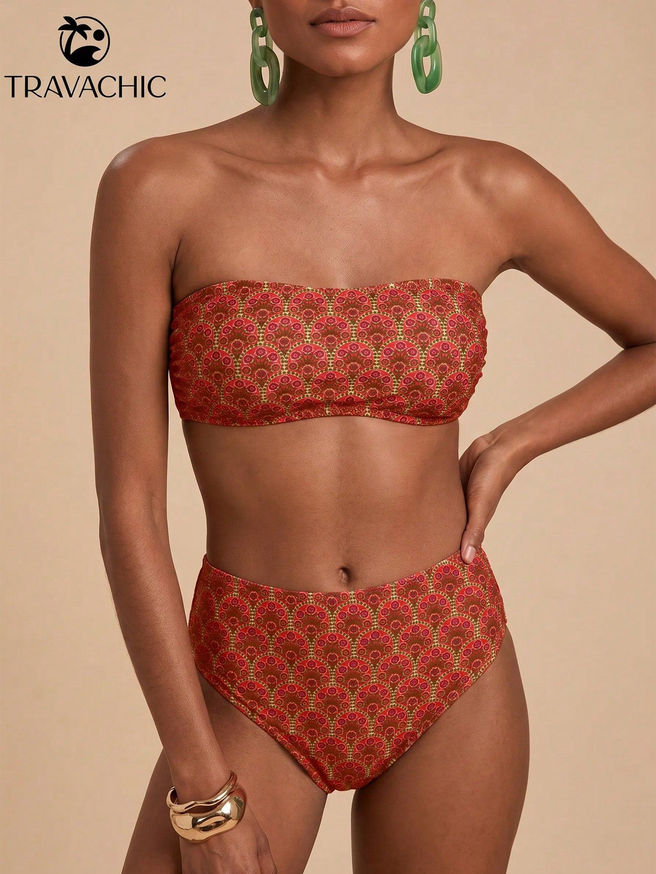 Travachic Women's Summer Beach All-Over Print Bandeau Sexy Fashion Bikini Two-Piece Swimsuit Set
