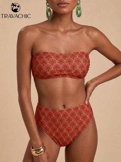 Travachic Women's Summer Beach All-Over Print Bandeau Sexy Fashion Bikini Two-Piece Swimsuit Set
