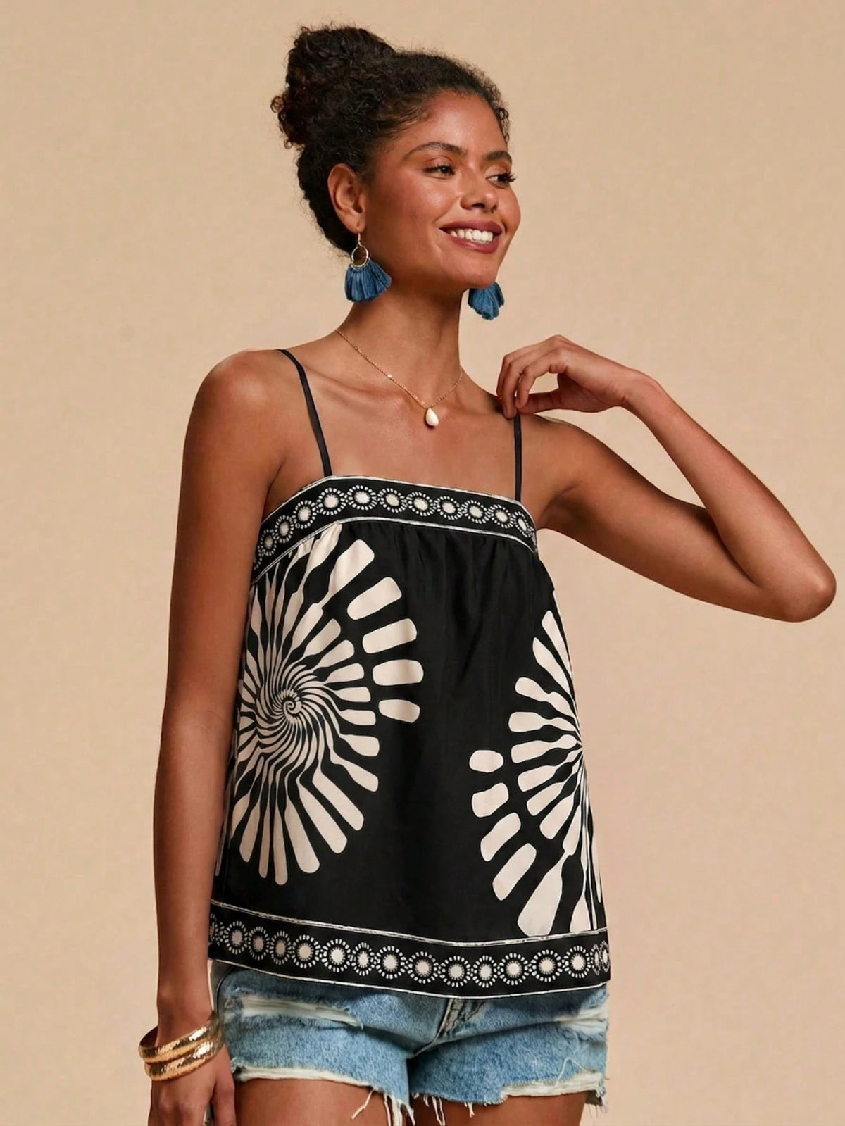 Travachic Women's Vacation Casual Boho Colorblock Print Camisole Beach Black Summer