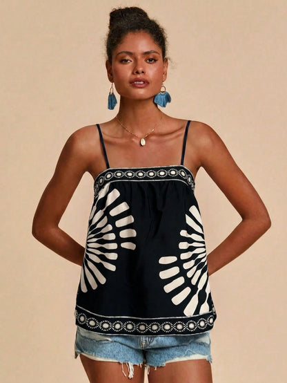 Travachic Women's Vacation Casual Boho Colorblock Print Camisole Beach Black Summer