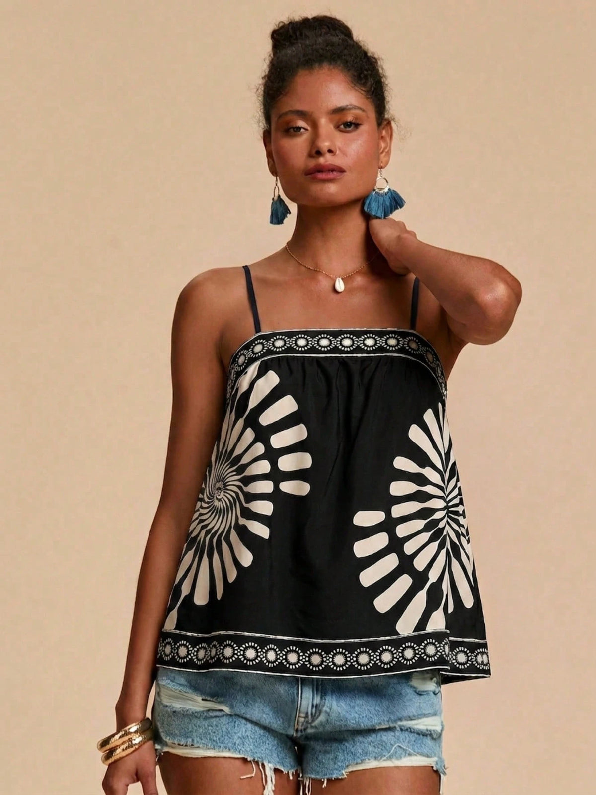 Travachic Women's Vacation Casual Boho Colorblock Print Camisole Beach Black Summer
