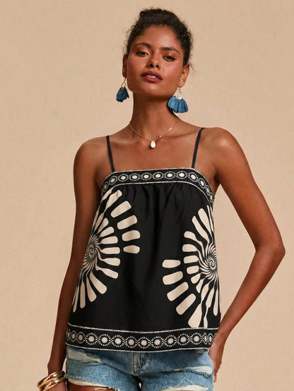 Travachic Women's Vacation Casual Boho Colorblock Print Camisole Beach Black Summer