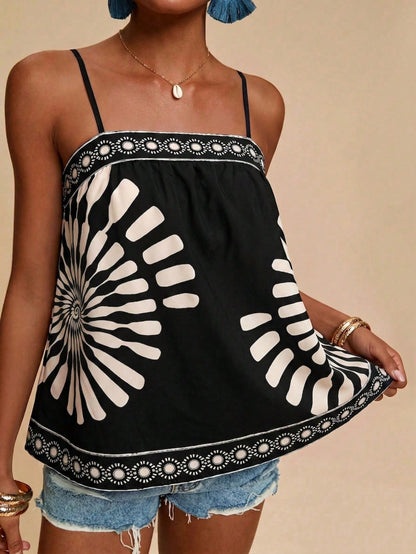 Travachic Women's Vacation Casual Boho Colorblock Print Camisole Beach Black Summer