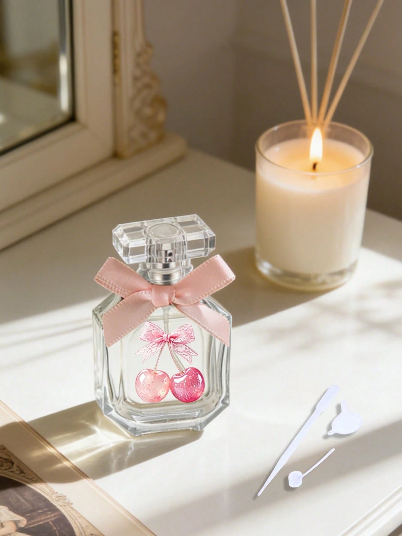 Travel Perfume Spray Bottle With Bow, Lace Cherry Print, Funnel, Dropper, Spray Head, Reusable Perfume Spray Bottle, Cosmetic Spray Bottle, Travel Toiletries, Travel Set, Portable Large Capacity, Bath