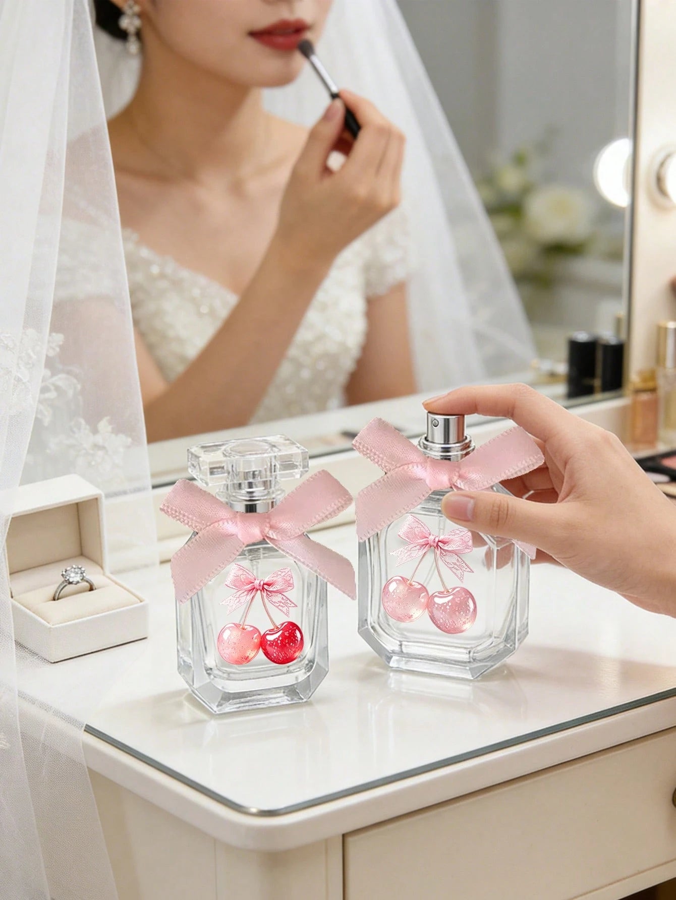 Travel Perfume Spray Bottle With Bow, Lace Cherry Print, Funnel, Dropper, Spray Head, Reusable Perfume Spray Bottle, Cosmetic Spray Bottle, Travel Toiletries, Travel Set, Portable Large Capacity, Bath