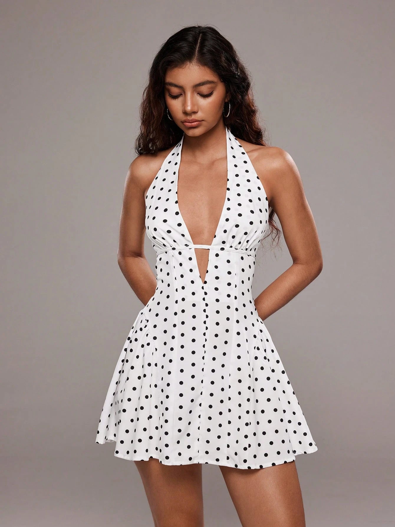 TRNVIE Women's Sexy Polka Dot Print Open Back Halter Mini Dress, Summer