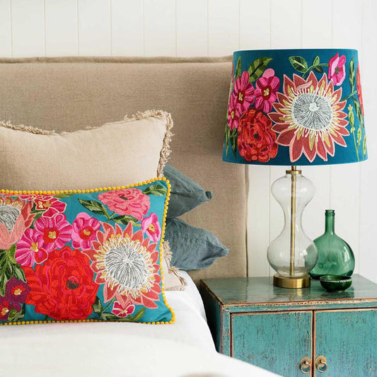 Tropical Garden Embroidered Cushion Aqua