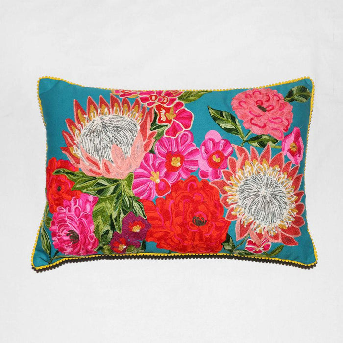 Tropical Garden Embroidered Cushion Aqua