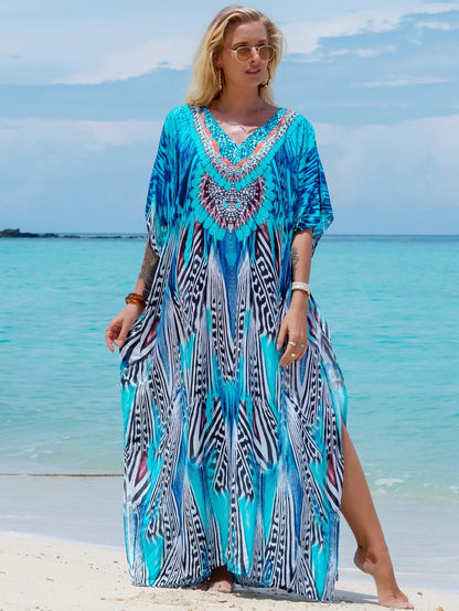 Tropical Print Batwing Sleeve Split Maxi Robe, Summer Loungewear Vacation Beach