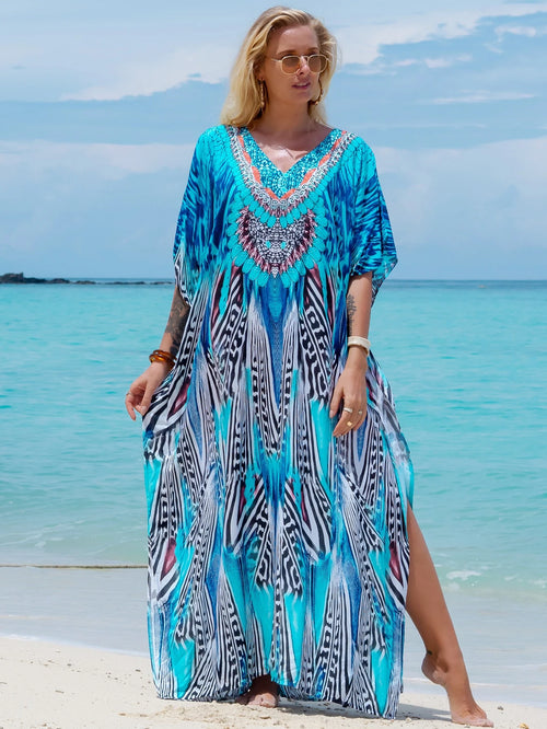 Tropical Print Batwing Sleeve Split Maxi Robe, Summer Loungewear Vacation Beach