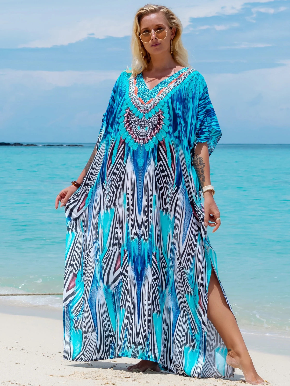 Tropical Print Batwing Sleeve Split Maxi Robe, Summer Loungewear Vacation Beach