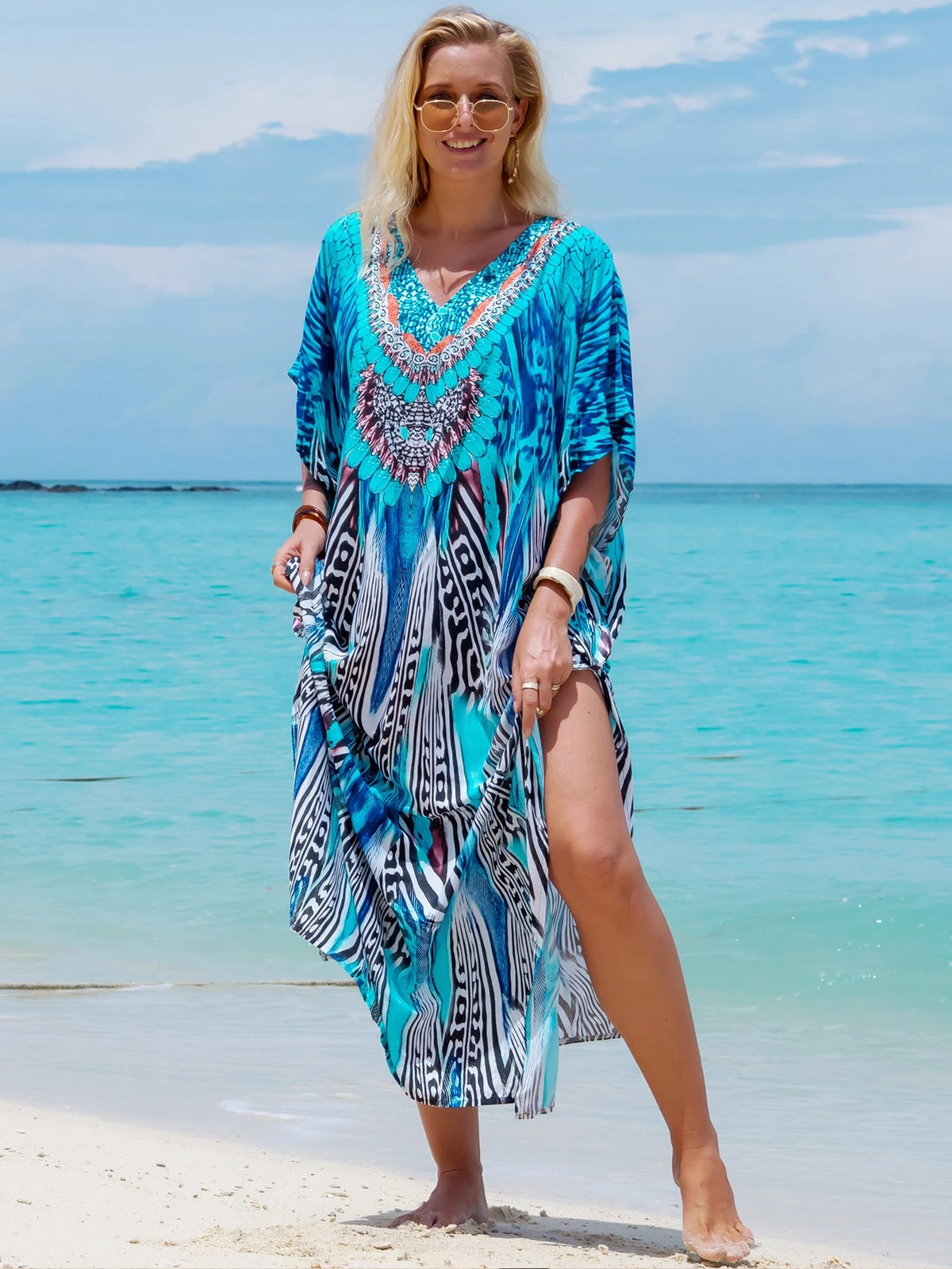 Tropical Print Batwing Sleeve Split Maxi Robe, Summer Loungewear Vacation Beach