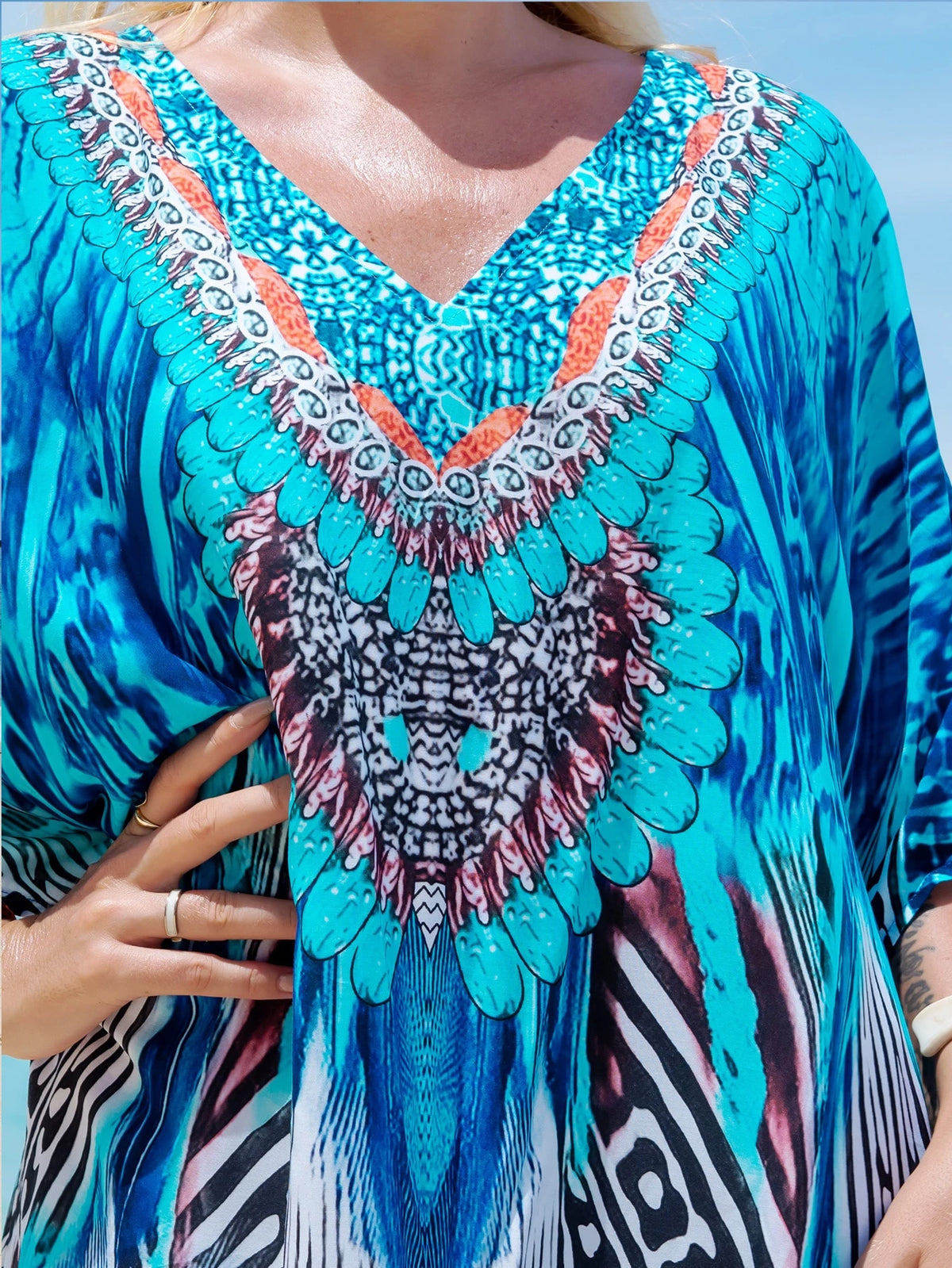Tropical Print Batwing Sleeve Split Maxi Robe, Summer Loungewear Vacation Beach