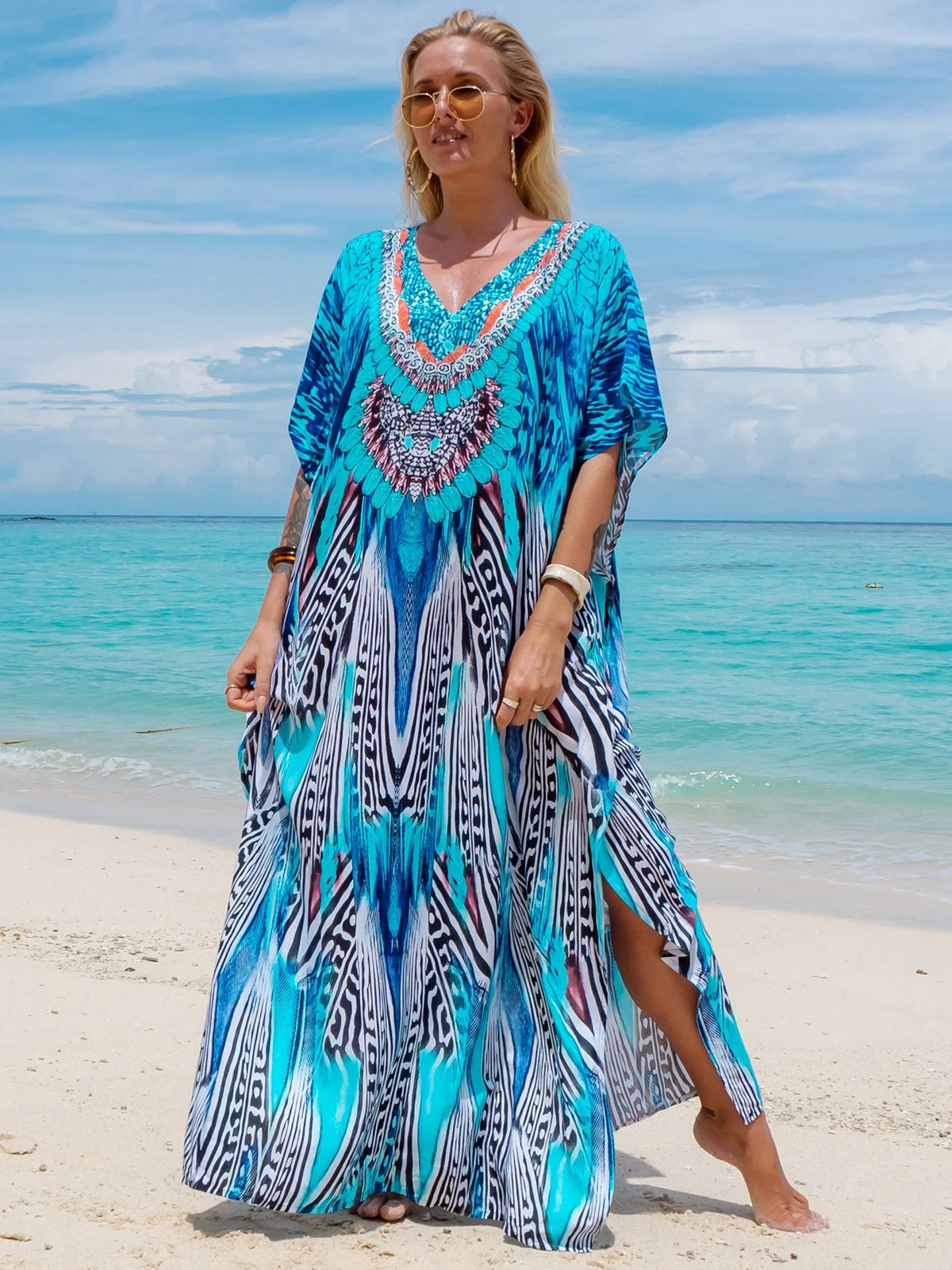 Tropical Print Batwing Sleeve Split Maxi Robe, Summer Loungewear Vacation Beach