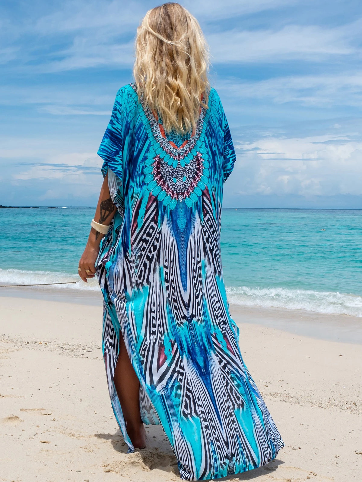 Tropical Print Batwing Sleeve Split Maxi Robe, Summer Loungewear Vacation Beach