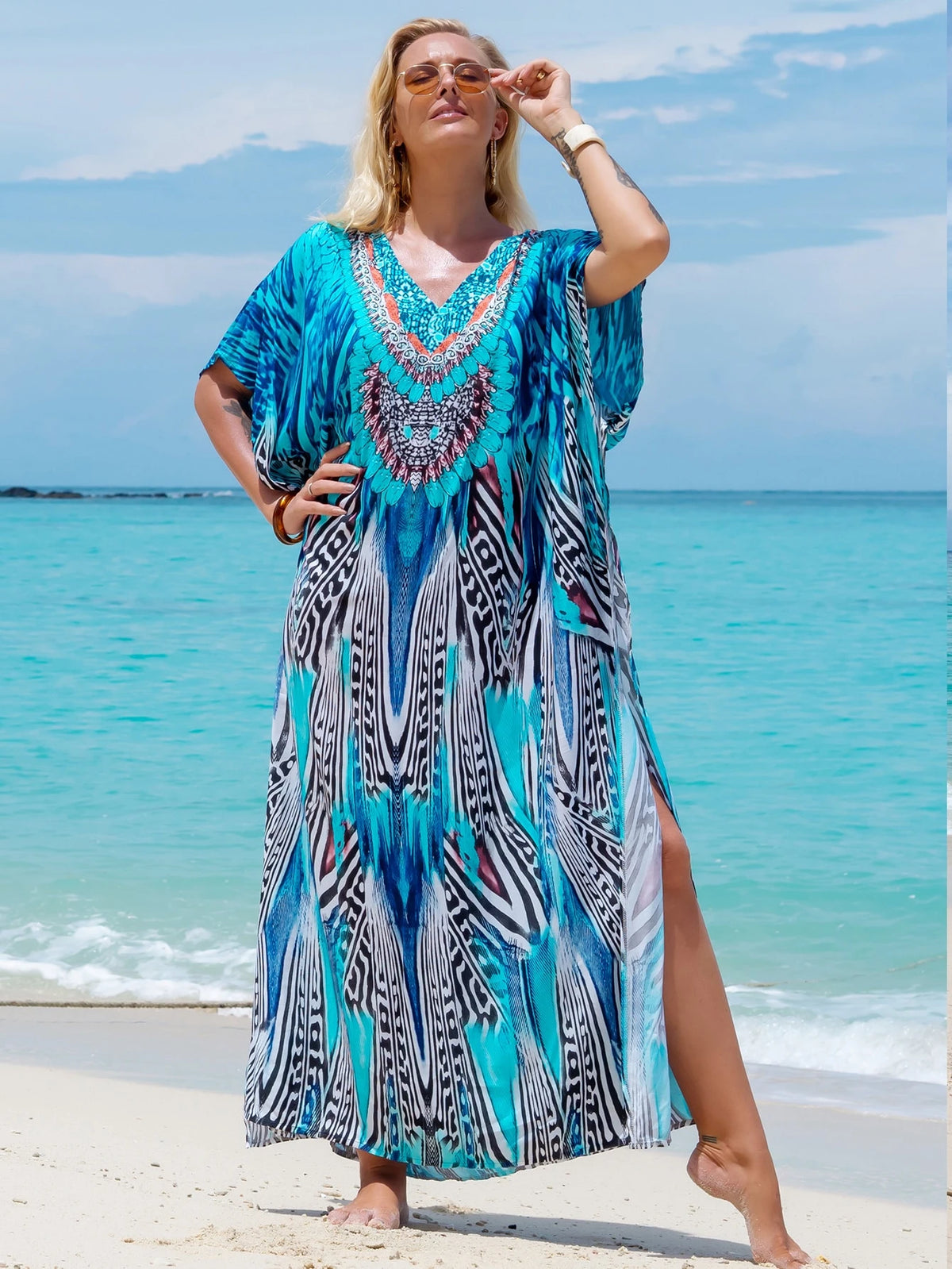Tropical Print Batwing Sleeve Split Maxi Robe, Summer Loungewear Vacation Beach