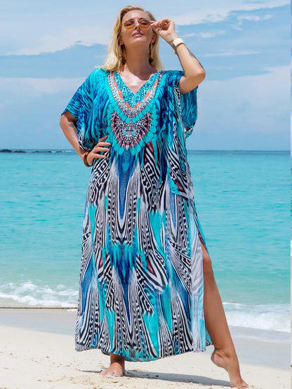 Tropical Print Batwing Sleeve Split Maxi Robe, Summer Loungewear Vacation Beach
