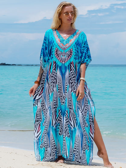 Tropical Print Batwing Sleeve Split Maxi Robe, Summer Loungewear Vacation Beach