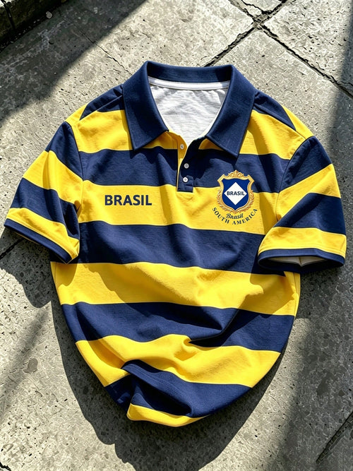 Tropicoqueta Outfits Men's Sporty Casual Top, Yellow-Green Striped Polo Shirt, Shield Badge Print, Football Style, Vintage Lapel Short Sleeve