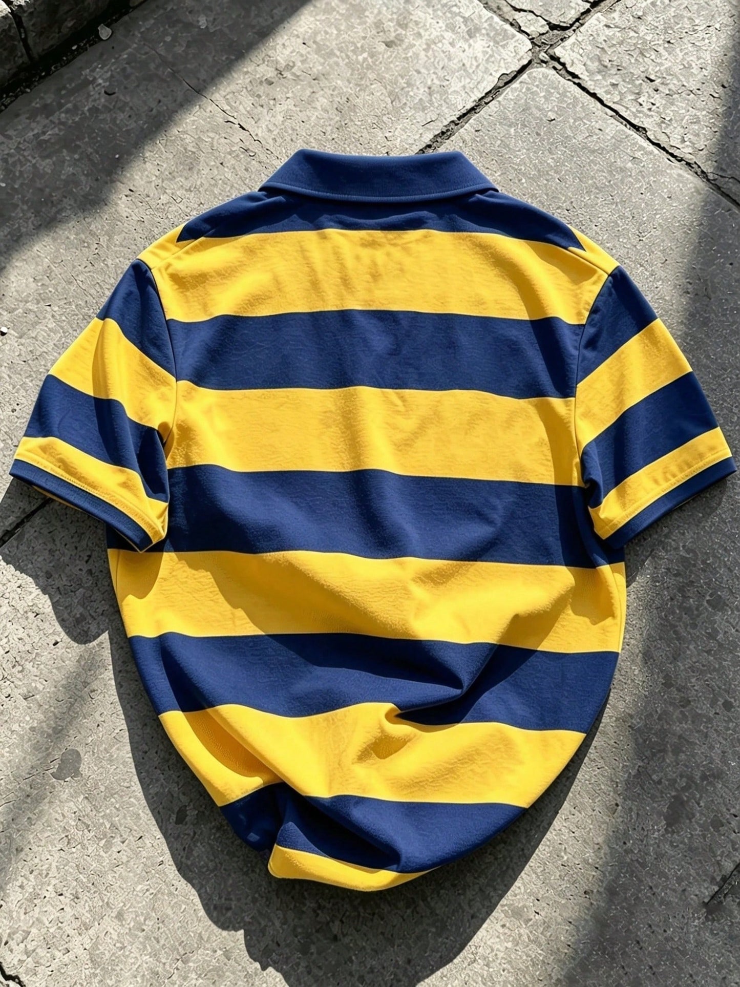 Tropicoqueta Outfits Men's Sporty Casual Top, Yellow-Green Striped Polo Shirt, Shield Badge Print, Football Style, Vintage Lapel Short Sleeve