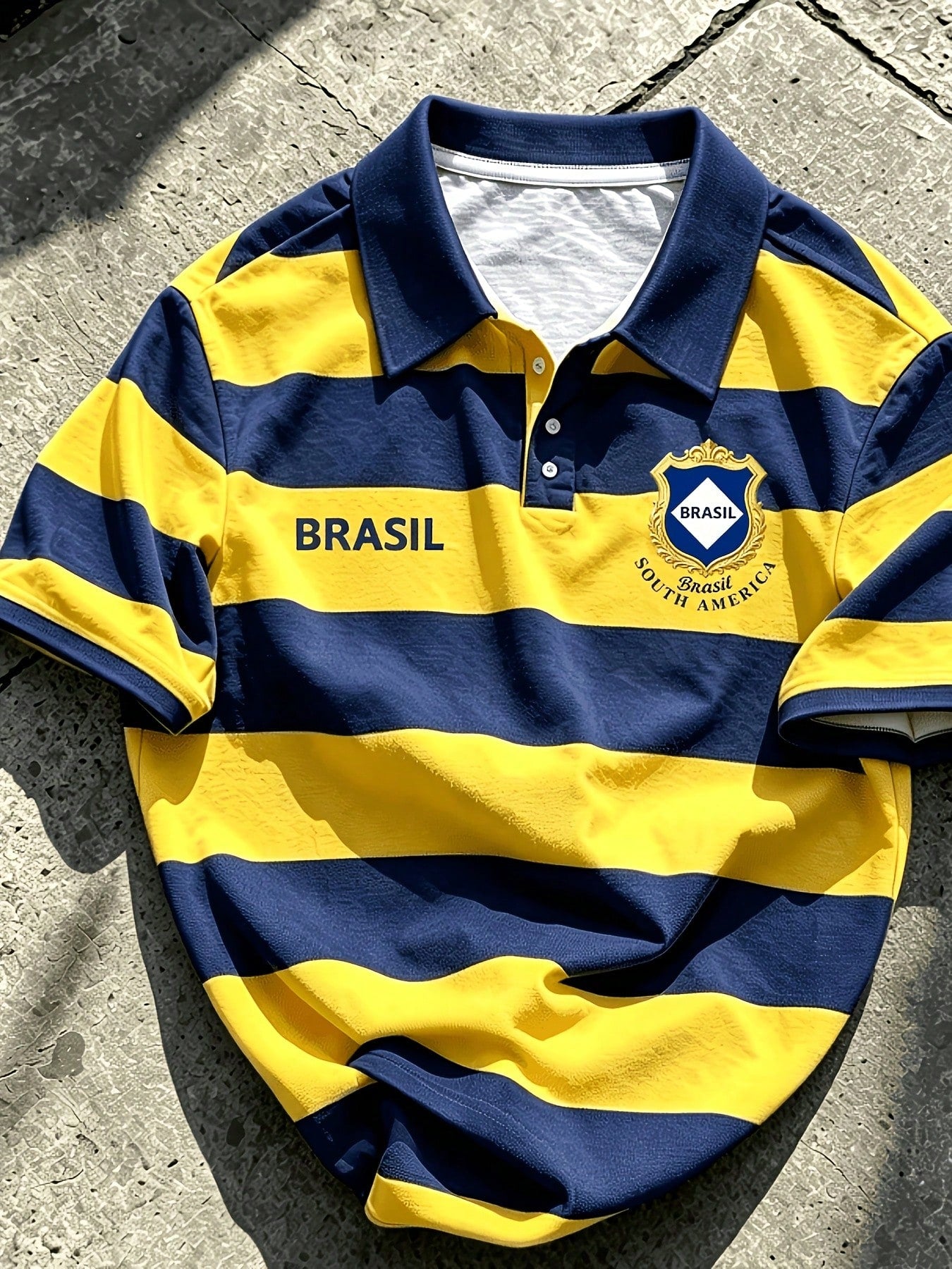 Tropicoqueta Outfits Men's Sporty Casual Top, Yellow-Green Striped Polo Shirt, Shield Badge Print, Football Style, Vintage Lapel Short Sleeve