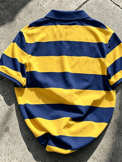 Tropicoqueta Outfits Men's Sporty Casual Top, Yellow-Green Striped Polo Shirt, Shield Badge Print, Football Style, Vintage Lapel Short Sleeve