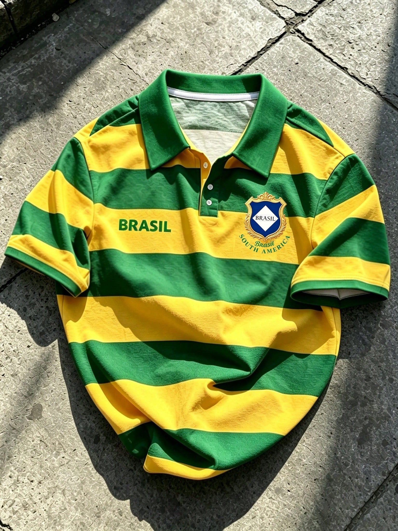 Tropicoqueta Outfits Men's Sporty Casual Top, Yellow-Green Striped Polo Shirt, Shield Badge Print, Football Style, Vintage Lapel Short Sleeve