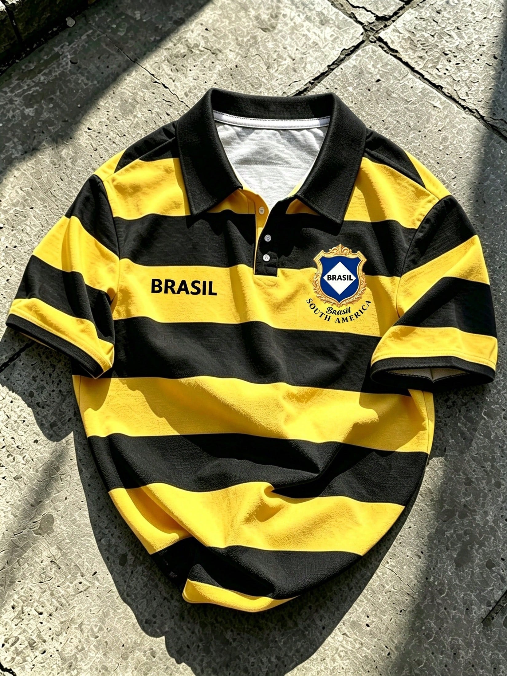 Tropicoqueta Outfits Men's Sporty Casual Top, Yellow-Green Striped Polo Shirt, Shield Badge Print, Football Style, Vintage Lapel Short Sleeve