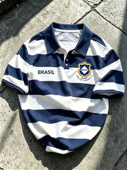 Tropicoqueta Outfits Men's Sporty Casual Top, Yellow-Green Striped Polo Shirt, Shield Badge Print, Football Style, Vintage Lapel Short Sleeve