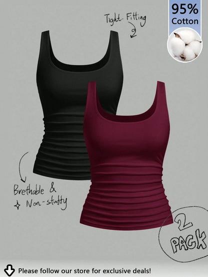 Tseoso 2pcs Black & Burgundy 95% Cotton Women's Casual Oversized Scoop Neck Fitted Tank Top Set, Suitable For Daily Wear, Versatile