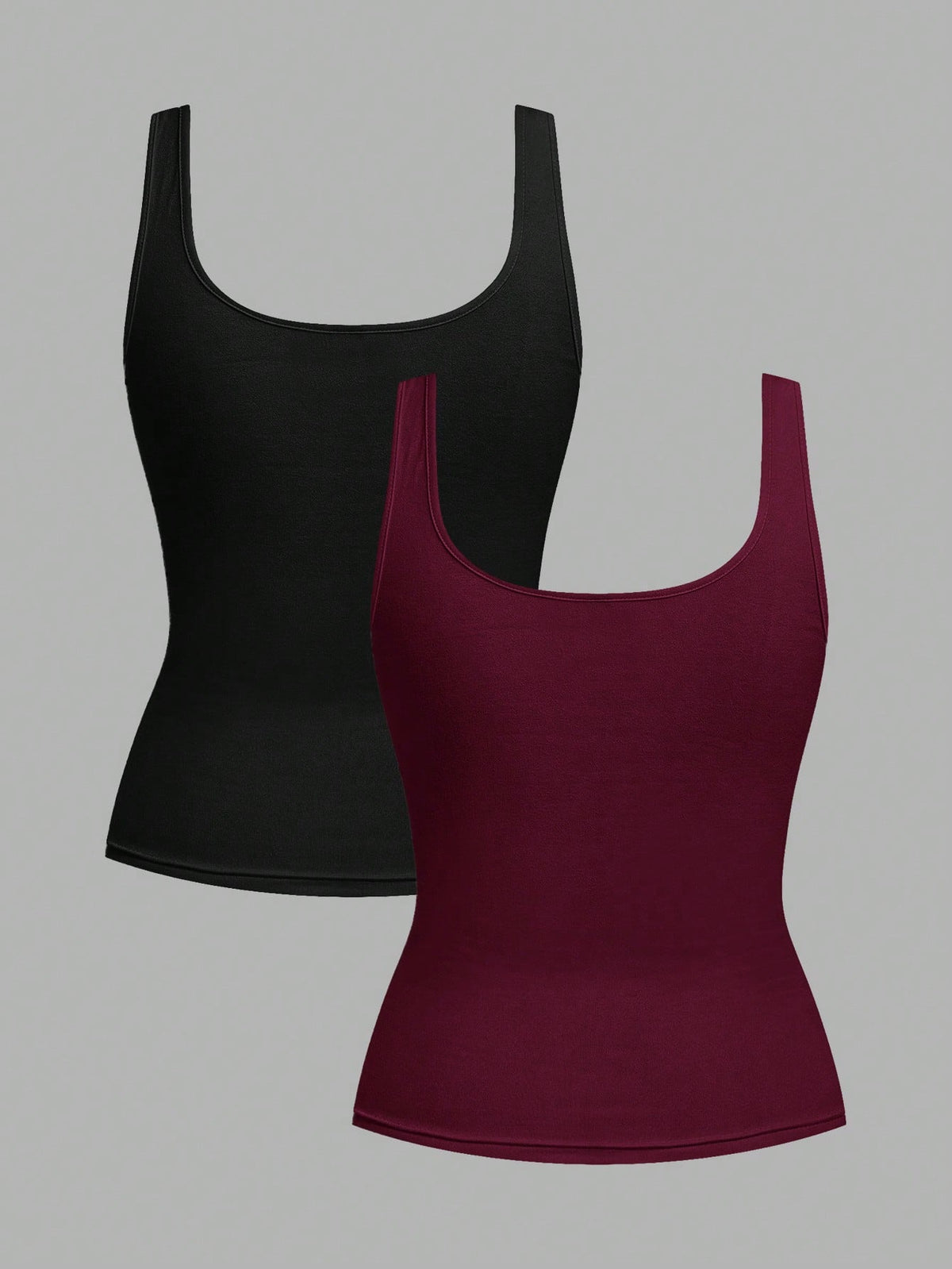 Tseoso 2pcs Black & Burgundy 95% Cotton Women's Casual Oversized Scoop Neck Fitted Tank Top Set, Suitable For Daily Wear, Versatile