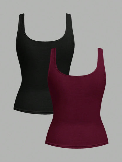 Tseoso 2pcs Black & Burgundy 95% Cotton Women's Casual Oversized Scoop Neck Fitted Tank Top Set, Suitable For Daily Wear, Versatile