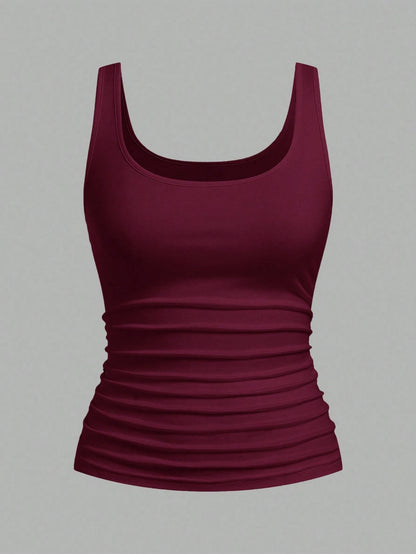Tseoso 2pcs Black & Burgundy 95% Cotton Women's Casual Oversized Scoop Neck Fitted Tank Top Set, Suitable For Daily Wear, Versatile