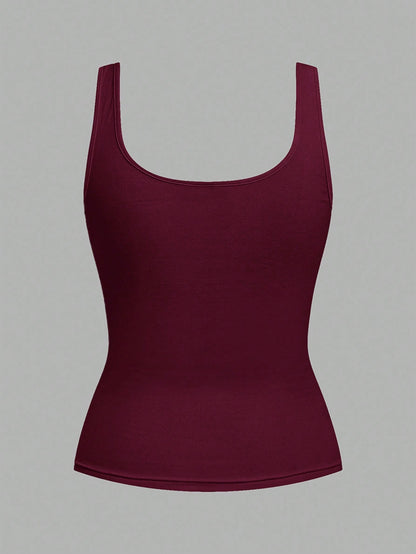 Tseoso 2pcs Black & Burgundy 95% Cotton Women's Casual Oversized Scoop Neck Fitted Tank Top Set, Suitable For Daily Wear, Versatile