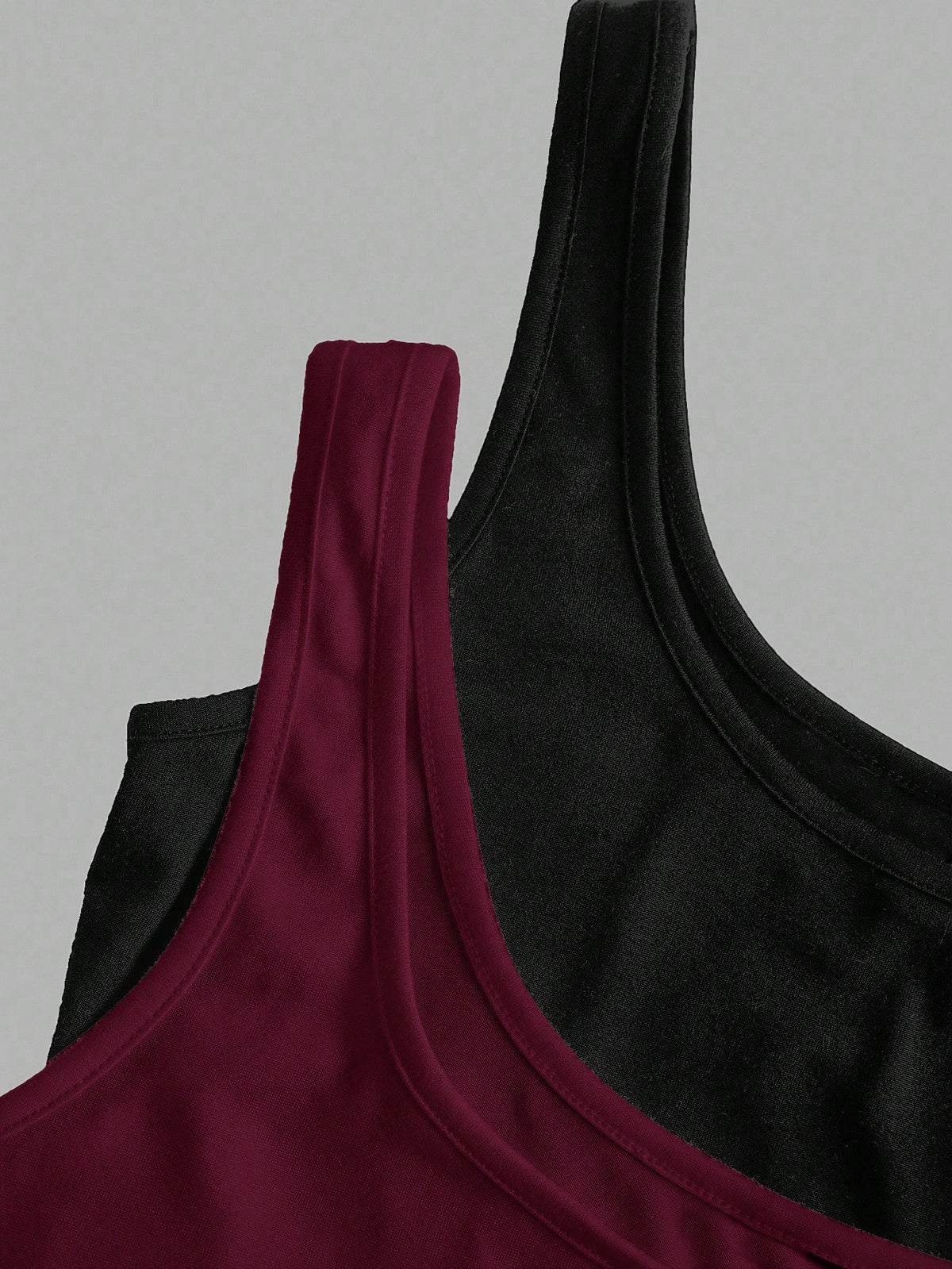 Tseoso 2pcs Black & Burgundy 95% Cotton Women's Casual Oversized Scoop Neck Fitted Tank Top Set, Suitable For Daily Wear, Versatile