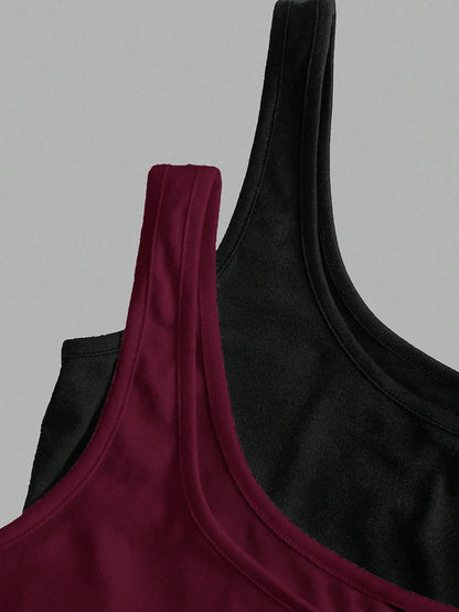 Tseoso 2pcs Black & Burgundy 95% Cotton Women's Casual Oversized Scoop Neck Fitted Tank Top Set, Suitable For Daily Wear, Versatile