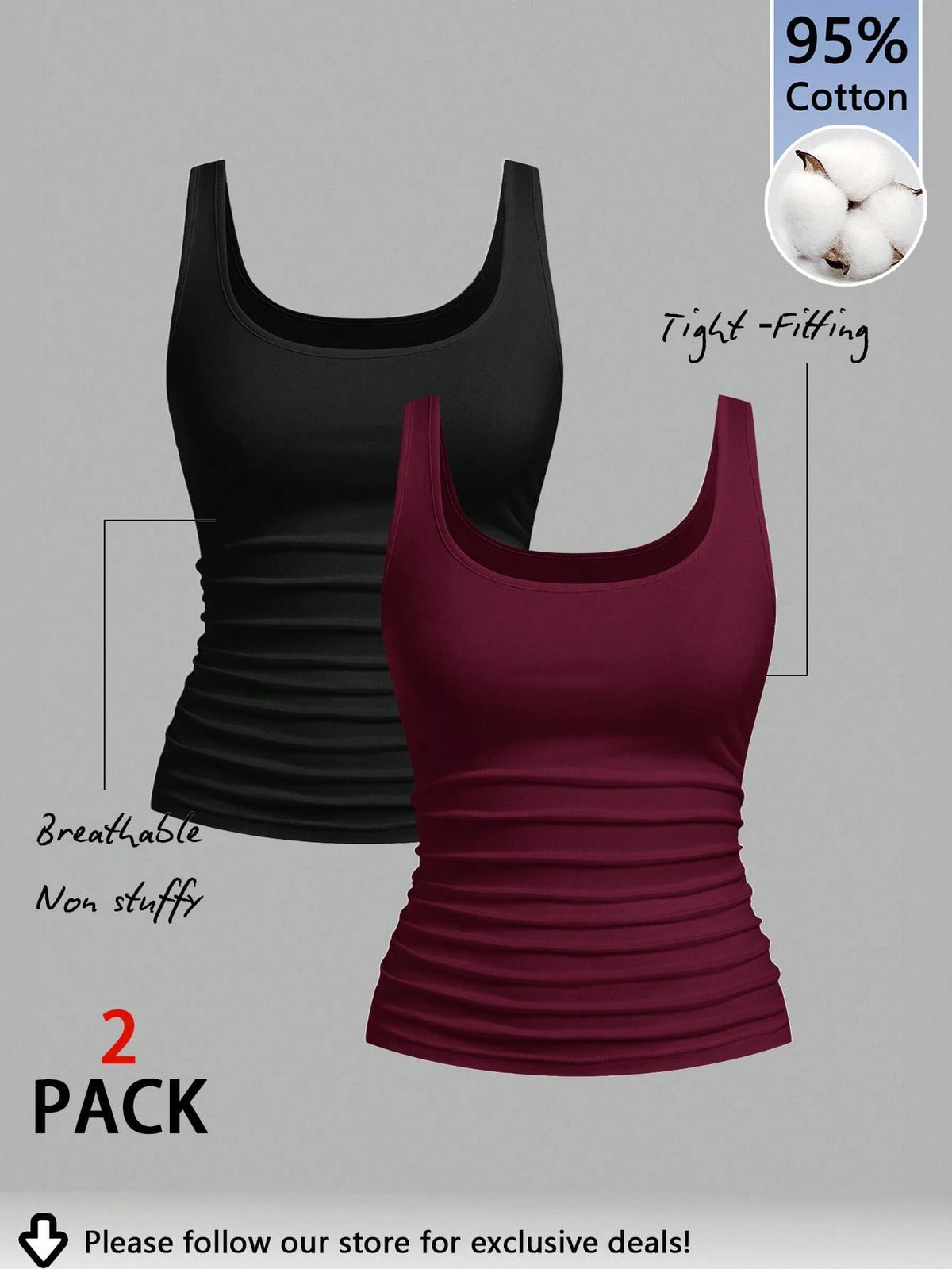Tseoso 2pcs Black & Burgundy 95% Cotton Women's Casual Oversized Scoop Neck Fitted Tank Top Set, Suitable For Daily Wear, Versatile